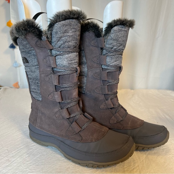 The North Face Shoes - North Face Boots Nuptse Purna Gray&Brown Suede Faux Fur Trim Mid Calf Women’s 9